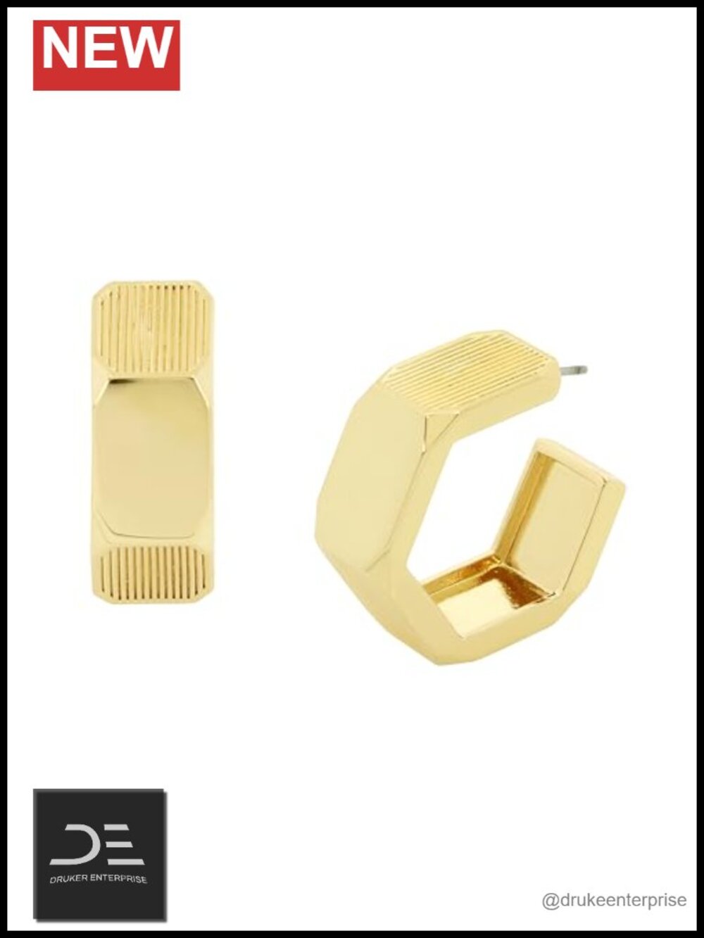 Hexagon Open Hoop Earrings, Brass Stainless Steel Posts
